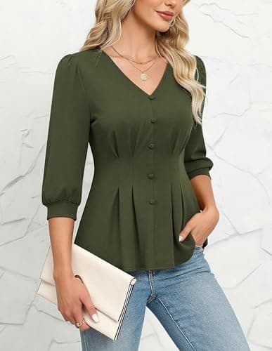 GRACE KARIN Women Business Casual Tops, 2026 Summer Trendy Dressy Blouses, 3/4 Sleeve V Neck Work Shirts Olive Green Medium - Thumbnail 6