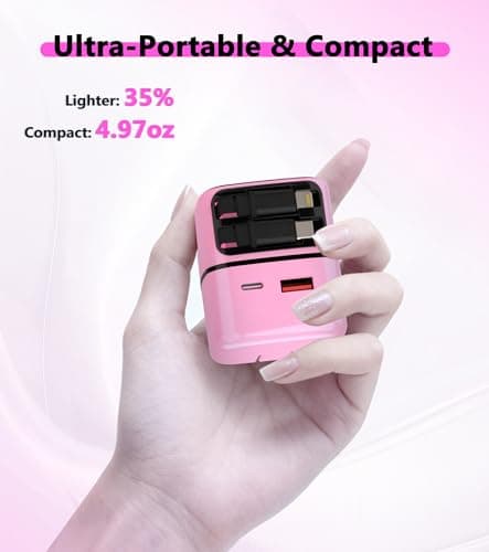 4-in-1 Retractable Gan Wall Charger Plug: 35W Fast Charging, Built-in USB C/Apple Cable, Dual USB-A/USB-C Ports, Charger Block for iPhone 17/16/15/14/13, iPad, Galaxy, Pixel, Travel Essentials, Pink - Thumbnail 2