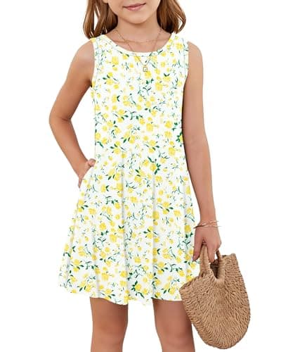 Girls Sleeveless Summer Dress Kids Crewneck Casual Mini Floral A Line Beach Sundresses with Pockets 5-14 Years Yellow White Flowers M - Image 1