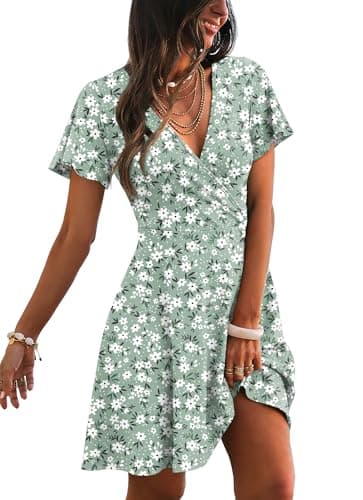 Spring Dresses for Women 2026 Casual Wrap V Neck Lightweight Vacation Summer Dress Beach Green Sundresses Floral M - Image 1
