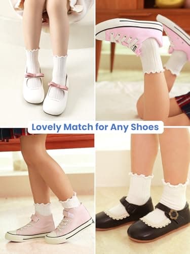 ALLOVIN 6 Pairs Non-Slip Ruffle Socks for Baby & Toddler Girls – Soft Cotton Grip Socks | Pure White/Off-White/Pink | 3-5 Years - Thumbnail 2