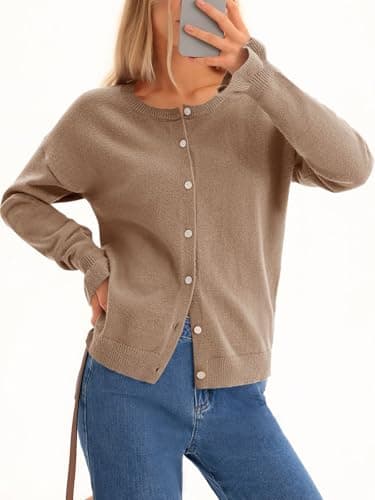 Saodimallsu Womens Cardigan Sweaters Button Down Knit 2025 Fall Ruffle Long Sleeve Sweater Open Front Trendy Outwear Dark Khaki - Thumbnail 3