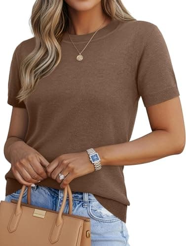 Lepunuo Womens Short Sleeve Sweaters Summer Lightweight Crewneck Pullover Tops Business Casual Blouses Clothes Camel - Image 1