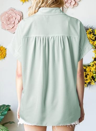 Dokotoo Plus Size Tops for Women Dressy Casual Chiffon Blouse Short Sleeve Shirts for Women Collared V Neck Work Office Button Down Shirt Solid Loose Fit T-Shirts Mist Green Polo Shirts XX-Large - Thumbnail 2