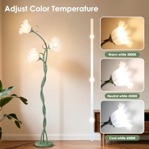 FUNNYBEHOM Floor Lamp for Living Room, 3 Lights Green Flower Lamp, Modern Tall Standing Lamp with 3 Color Temperatures Flexible Gooseneck, Mid Century Vintage Tree Floor Lamp for Bedroom Office - Thumbnail 2
