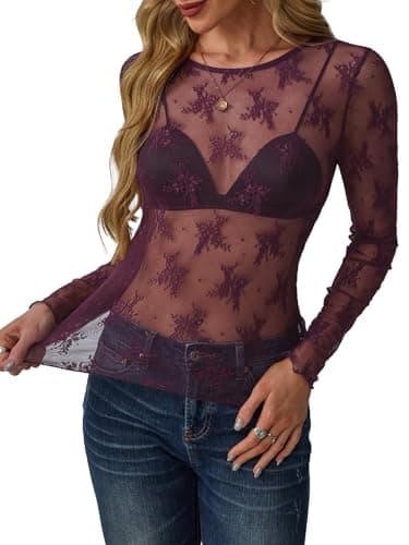 GKBK Womens Mesh Long Sleeve Tops Crew Neck Sexy See Through Tee Dressy Casual Shirts Party Club Night Lace Blouse Western Wear Outfit Clothes Going Out Clothing Burgundy XL - Thumbnail 6