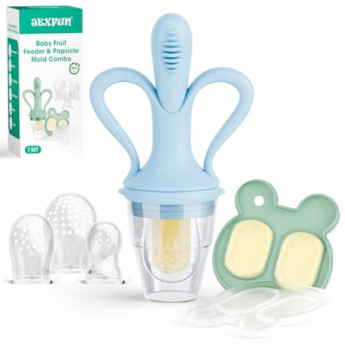JEXFUN Baby Fruit Feeder & Breastmilk Popsicle Mold Set, Silicone Food Feeder Pacifier for Cooling Relief with 3 Replaceable Pouches, BPA-Free Teething Toy for Safe Infant Self Feeding (Sky Blue)