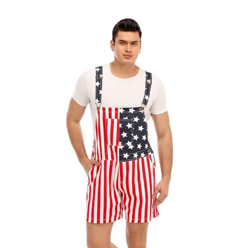 HEYSCRINT American Flag Denim Bib Overalls Patriotic Rompers Shorts Summer Holiday Jumpsuit Costume Outfit Mens & Womens (F02-XL - Image 1