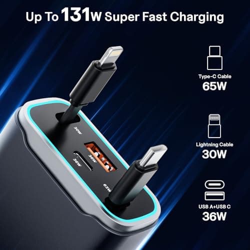 TOENNESEN Retractable Car Charger USB C 131W 4-in-1 Fast Charging with 2 Retractable Cables Car Phone Charger Adapter for iPhone 17 Pro Max 16 15 14 13 Fast Charge Car Accessories, Gifts for Men Women - Thumbnail 2