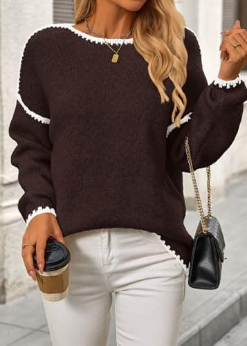 KIRUNDO Womens Sweaters 2026 Fall Oversized Long Sleeve Chunky Knit Crew Neck Contrast Stitching Pullover Winter Clothes(Brown, Medium) - Thumbnail 4