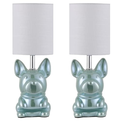 EOEYYOYB Set of 2 Ceramic Table Lamp, Puppy Shape Desk Lamp Cute Bedside Lamp for Nightstand, Living Room, Bedroom, Gifts for Kids Girls, 4W LED Bulb Included, Blue - Image 1