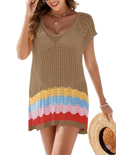 VIAURBE Women's Crochet Cover Ups Swimwear Beach Bikini Swimsuit Cover-ups Striped Side Split Mini Dress Coffee L - Image 1