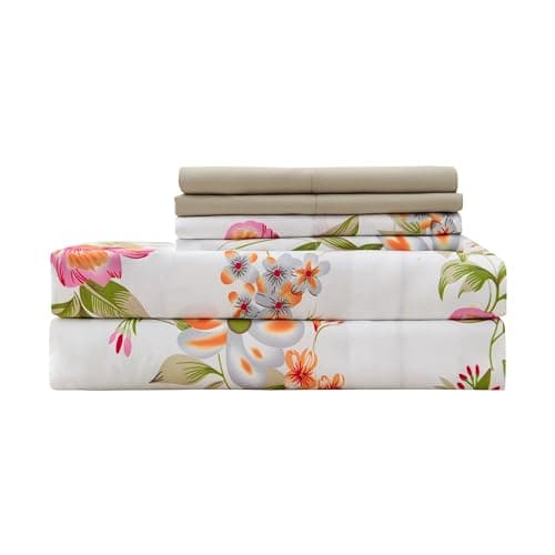 Twin Size Bed Sheets Set Deep Pockets - 6PC Floral Ultra Soft Microfiber Bed Sheets - Easy to Clean, 90 Thread Count Sheets Includes 1 Fitted, 1 Flat, 2 Pillowcases (Pink/Green Floral) - Image 1