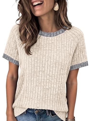 ANRABESS Womens Tops Summer Short Sleeve Shirts Dressy Casual Color Block Work Blouse 2026 Spring Trendy Lightweight Sweater Beige XX-Large - Image 1