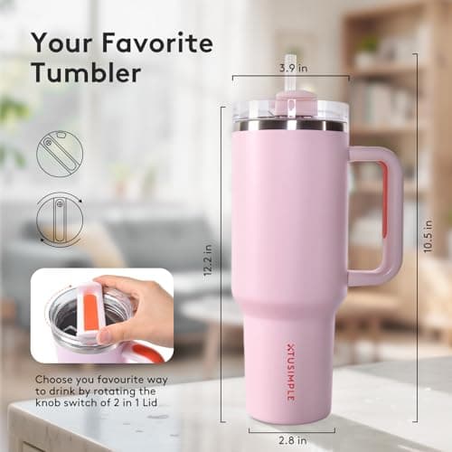 XTUSIMPLE 40oz Insulated Tumbler with Handle and Straw Lid, Stainless Steel Travel Mug - 12H Hot & 48H Cold, Fit in Cup Holder, for Travel, Gym, Office, Car, Outdoors - Gifts for Women and Men (Pink) - Thumbnail 3