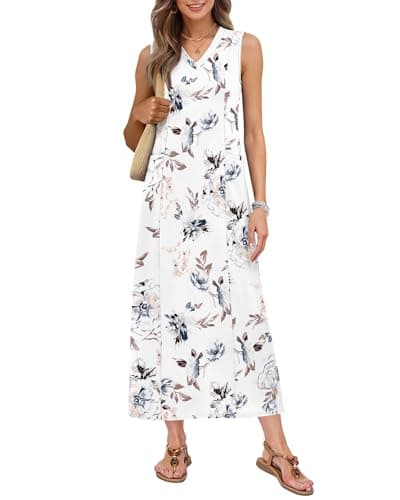 MISFAY Womens Summer Maxi Dresses Casual V-Neck Sleeveless Beach Vacation SlitBoho Sun Dress with Pockets(Floral White,S) - Image 1