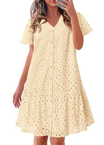 KIRUNDO Eyelet Dresses for Women 2026 Spring Summer Short Sleeve Button Down Loose Mini Babydoll Dress Beach Vacation Clothes(Beige, XX-Large) - Image 1