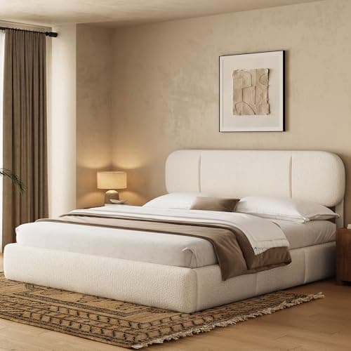 Uteeran King Size Bed Frame with Storage, Boucle Cloud Bed with 4 Locking Drawers & LED Lights, Modern Upholstered Platform Bed, Plush Sides & Footboard, Adjustable Headboard, No Box Spring, Beige - Image 1