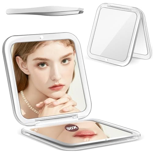 MIYADIVA Compact Mirror, 30X Magnifying Mirror, Pocket Mirror for Purse, Travel Makeup Mirror with 30X/1X Magnification, Travel Essentials Mirrors, Precision Tweezers, Present for Girls - Image 1
