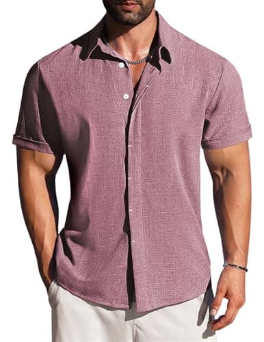 LETSEE Mens Button Down Short Sleeve Shirt Linen Casual Beach Hawaiian Summer Dress Shirts Clothing, Purple, 3XL - Image 1