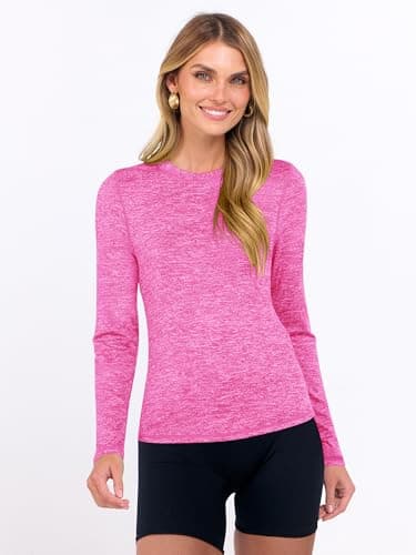 ANRABESS Womens Long Sleeve Workout Quick Dry Fitted Yoga Gym Athletic Shirts Hot Pink Small - Thumbnail 2
