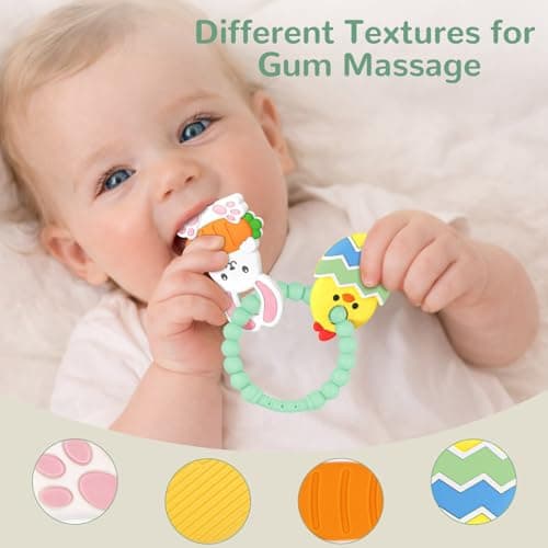 Easter Teething Ring for Baby, Bunny Carrot & Chick Egg Silicone Teether Bracelet, Sensory Chew Toys for Newborns & Infants 3–12 Months, Easter Basket Stuffers for Toddlers, Baby First Easter Gift - Thumbnail 4