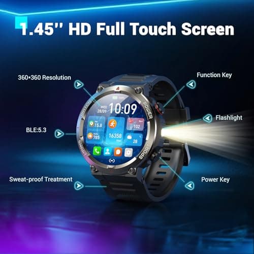 Military Smart Watch for Men(Answer/Make Calls),Outdoor Smartwatch with 100 Days Battery/Flashlight/Compass/Heart Rate/SpO2/Sleep Monitor/2 Straps, Rugged Fitness Watch for iPhone/Android Phones - Thumbnail 2