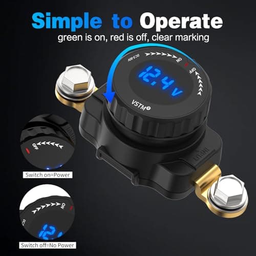 VSTM Battery Disconnect Switch, 5V-80V Side Post Battery Switch with LED Voltage Display, On/Off Master Isolator Power Shut/Cut Off for Car, Boat, RV, Truck, Camper, Trailer (Negative,Vertical) - Thumbnail 3