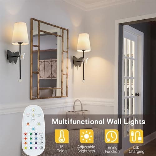 MHSNL Black Wall Lights Battery Operated Set of 2, Rechargeable Wall Lights with Butterfly, Battery Powered Sconces Indoor Wall Lamps for Bedroom Living Room Hallway Stairs Bathroom - Thumbnail 2