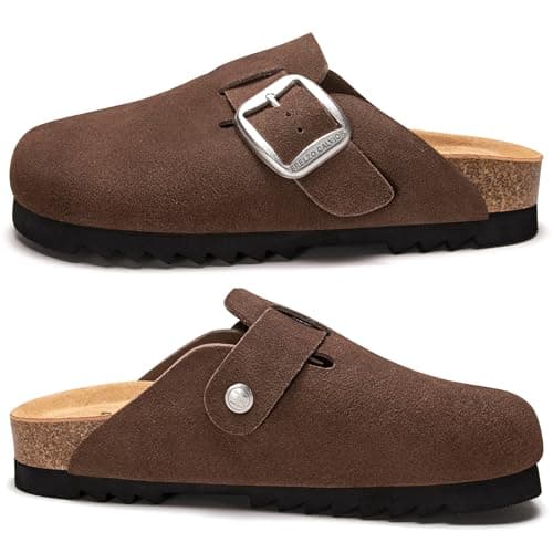 Brelzo Calvior Suede Clogs for Women Leather Mules Slip-on Sandals Men's Potato Shoes with Arch Support Coffee - Thumbnail 6