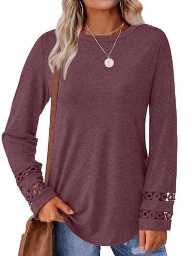 GKBK Womens Long Sleeve Tops Business Dressy Casual Blouses Crewneck Loose Fit Lightweight T Shirts Cute Work Tee Ladies Tunic 2025 Fall Winter Fashion Clothes Trendy Outfits Wine Red S - Thumbnail 6