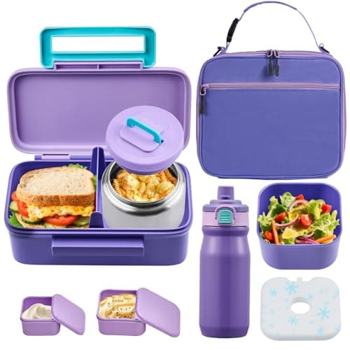 PIQUEBAR Kids Lunch Box with 8oz Thermo, Leakproof Bento Box with Insulated Bag, Kids Insulated Water Bottle, Food Lunch Container for Back to School Girls Boys, Purple - Image 1