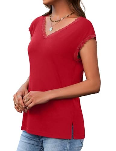 JUSTFASHIONNOW Lace Blouse Soft Cap Sleeve Tops for Women Summer V Neck Tank Tops Dressy Casual Shirts Trendy 2026 Clothes(Red,XX-Large) - Thumbnail 4