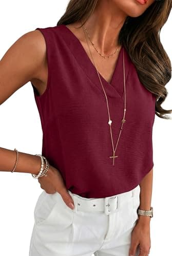 Work Tops for Women Wine Red - Sleeveless V Neck Textured Dressy Casual Summer Blouse Tee - Image 1