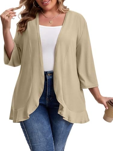 MK Shop Limited Plus Size Cardigan for Women Casual 3/4 Sleeve Lightweight Soft Open Front Cardigans with Pockets Khaki XL - Image 1