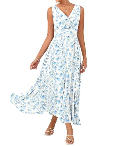 GRACE KARIN Women's Summer Sleeveless Maxi Dress V Neck Floral Wedding Guest Dress Beach Vacation Clothes White Blue M - Image 1