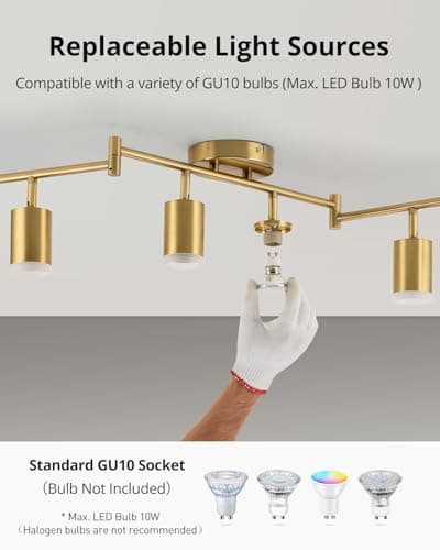Bojim 6 Light Gold Track Lighting Kit, Modern LED Track Lighting Fixtures Ceiling, Flexibly Rotatable LED Light Head with Acrylic Ring, Kitchen Ceiling Spot Light(GU10 Socket, Bulbs Not Included) - Thumbnail 5