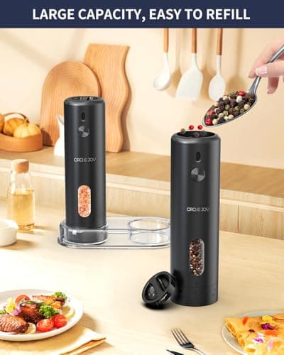 CIRCLE JOY Rechargeable Electric Salt and Pepper Grinder Set with Base, Automatic Pepper Mills with 110ml Container, External Adjustable Coarseness, White Led Light and One-Handed Operation, Black - Thumbnail 4
