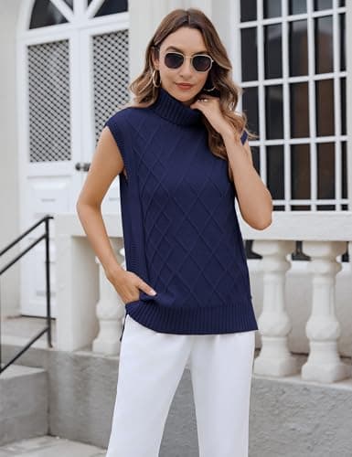Totatuit Women Vintage Sleeveless Turtle Neck Knit Sweater Vest Cap Sleeve Loose Fit Trendy Casual Tank Top(Navy Blue, Small) - Thumbnail 3