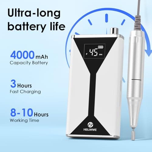 HELIVIVE Professional Electric Nail Drill 45000RPM (Portable & Rechargeable) (with 11 Drill Bits ) Cordless Nail File Machine for Shaping, Polishing & Removing Gel Nails for Salon Home (White) - Thumbnail 3