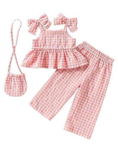 ChuYuKu Baby Girl Clothes Summer Spaghetti Strap Plaid Pants Set with Bag Cute Matching Outfits - Image 1