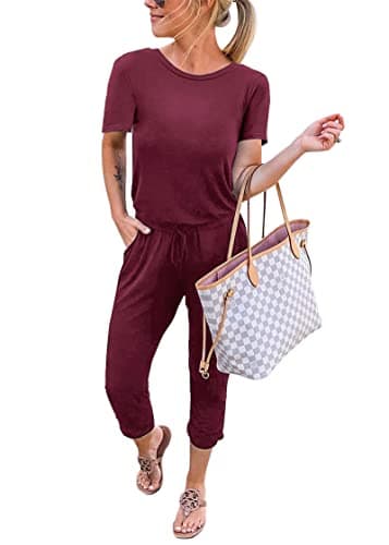 KIRUNDO Jumpsuits for Women Summer 2026 Casual Short Sleeve One Piece Outfits Drawstring Waist Long Pants Romper Jumpers(Wine Red, Large) - Image 1
