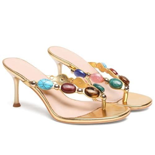 Oakmoo Jeweled Sandals for Women Strappy Kitten Heel Thong Sandals Flip Flop Heels Round Open Toe Mid Heels Fashion Wedding Party Dress Thong Casual Sandals - Image 1