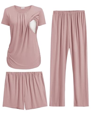 Ekouaer Postpartum Pajamas Maternity Lounge Set Nursing Tops Pregnancy Clothes for Women Dirty Pink S - Image 1