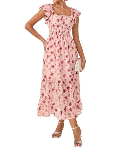 GRACE KARIN 2026 Women's Spring Floral Midi Dress Beach Wedding Guest Dresses Flowy A Line Casual Summer Clothes Pink Rose 2XL - Image 1