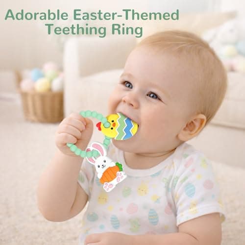 Easter Teething Ring for Baby, Bunny Carrot & Chick Egg Silicone Teether Bracelet, Sensory Chew Toys for Newborns & Infants 3–12 Months, Easter Basket Stuffers for Toddlers, Baby First Easter Gift - Thumbnail 3