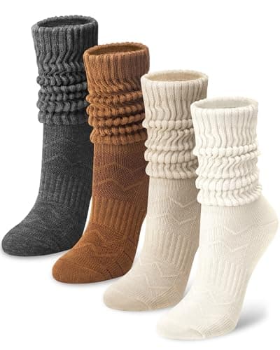 iCamter Athletic Slouchy Socks for Women, 4 Pairs Retro Knit Long Crew Slouch Soft Cotton Tube Calf Boot Scrunch Socks - Image 1