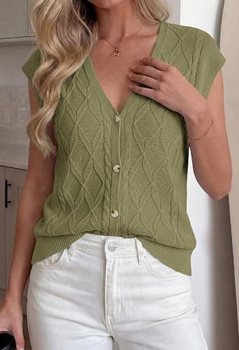 BTFBM Sweater Vest Women V Neck Cap Sleeve Button Down Knit Tops Spring Summer 2026 Loose Lightweight Cardigan Vests(Army Green, Medium) - Thumbnail 2