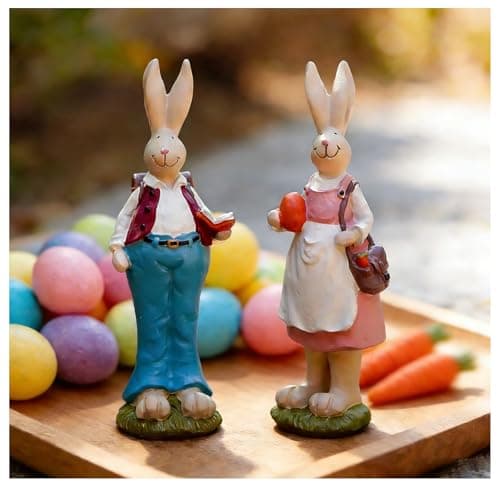 MeritMode Easter Bunny Figurine Spring Decoration,Hand Painted 2 Pcs Rabbits Statue Tabletop Ornament, for Little Girls and Friends,6 Inch,Polyresin - Image 1