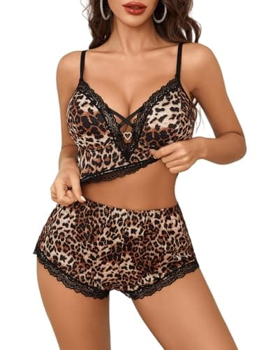 Avidlove Sexy Pajamas for Women Set Lace Trim Womens Pjs Sets Cami Pajama Set for Women Loungewear Set Brown Leopard XXL - Image 1